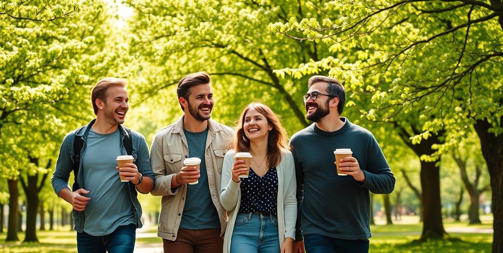 A group of three friends, two men and one woman, walking in a green park; laughing together, holding coffee cups, spring trees full of leaves in the background.