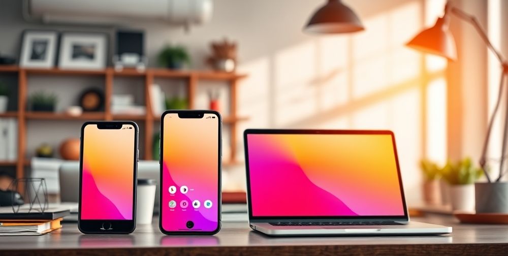 A beautifully designed mobile app interface featuring bright accent colors, clean icons, and modern Persian typography, shown on different devices including smartphone, tablet, and laptop in a creative workspace.