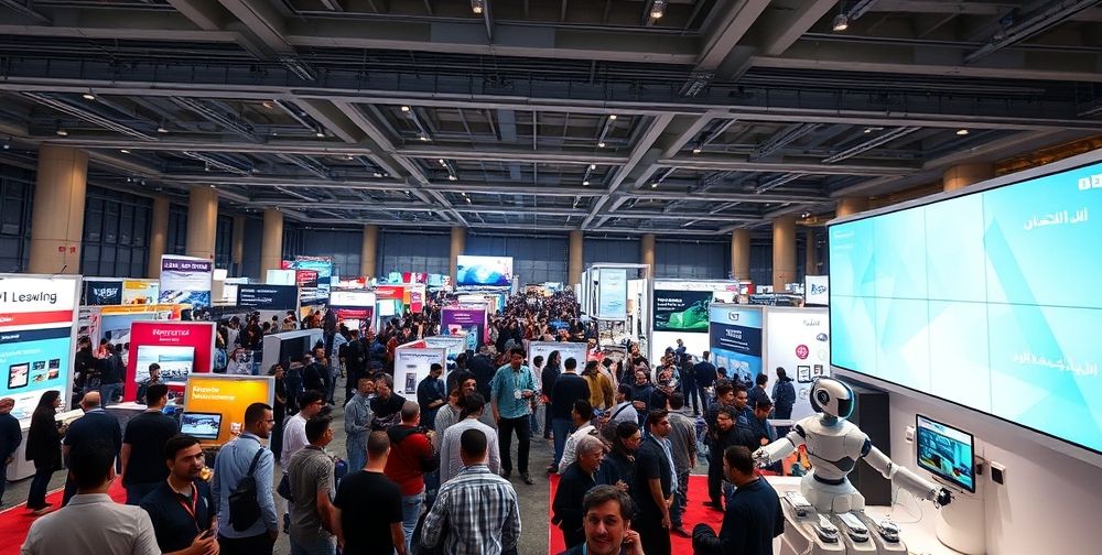 A bustling Tehran conference center with crowds of tech entrepreneurs and university students engaging around booths showcasing smart home devices, AI-powered robots, and Farsi UX interfaces on large digital displays.