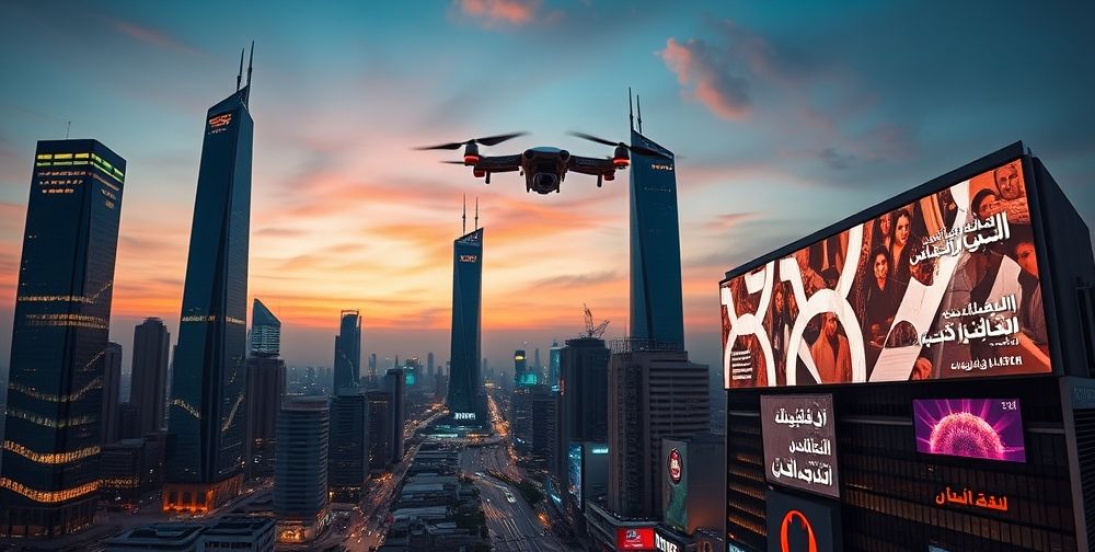 A panoramic view of a futuristic Tehran skyline at dusk, filled with illuminated smart skyscrapers, drone taxis flying between tall buildings, and digital billboards in Farsi highlighting the latest tech evolutions.