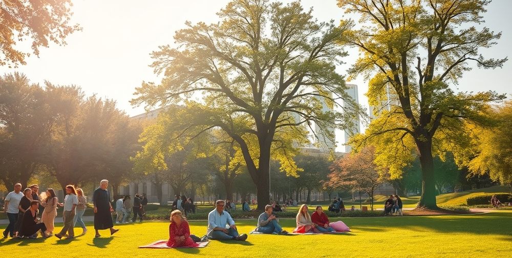 A sunlit city park in Iran, with diverse groups of people laughing, children playing, and friends gathered on picnic blankets. Trees in full bloom hint at renewal and collective harmony, illustrating joyful coexistence with the world.