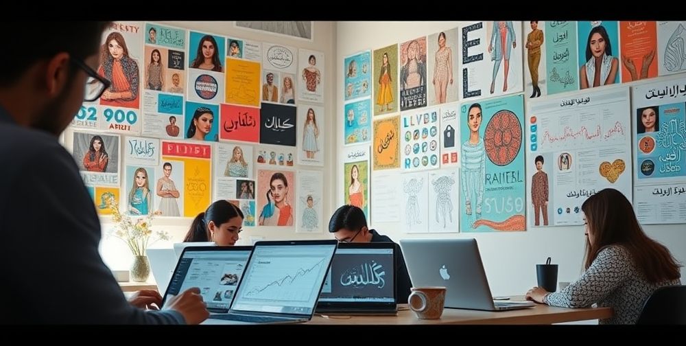 A creative workspace of a young Iranian fashion startup, vibrant moodboards with Persian calligraphy and trend inspiration, designers sketching digital infographics for social media campaigns. Soft daylight, laptops open to analytics dashboards.