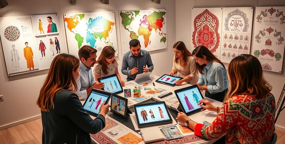 A group of Iranian fashion designers brainstorming over vibrant mood boards, digital tablets with trending global fashion infographics, and traditional Persian patterns blended with modern graphics.