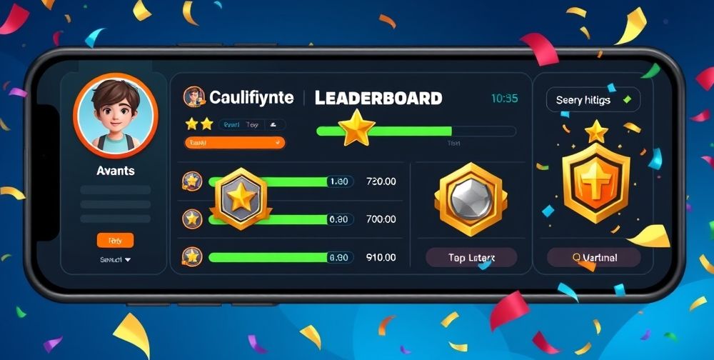 A dynamic leaderboard infographic screen for a mobile game, featuring avatar icons, progress bars, animated badges, and celebratory confetti around top players—creating a sense of achievement and community.