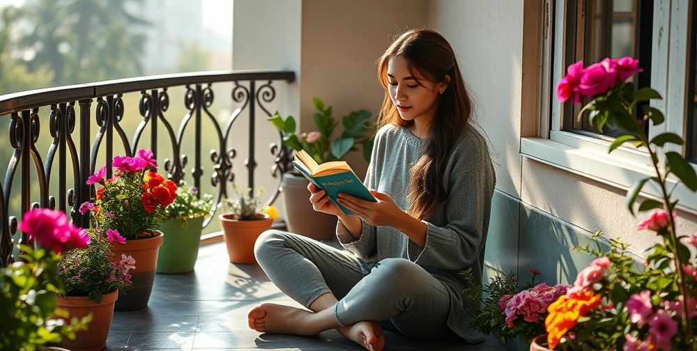 A peaceful morning scene: a young woman sitting cross-legged on a Persian balcony, sipping herbal tea while journaling in a gratitude notebook. She looks calm, surrounded by potted flowers and gentle sunlight that highlights a sense of presence and mindful appreciation.
