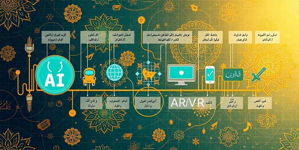 A technological roadmap illustrated with icons: Persian AI chatbot, smart mobile app, dynamic responsive websites, and AR/VR elements, overlaid on a tapestry of Iranian cultural symbols.