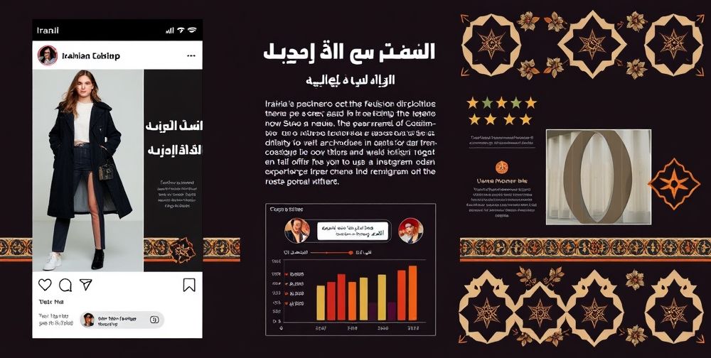 A modern Instagram post template for an Iranian clothing brand, featuring Farsi text, fashion models in contemporary outfits, infographic charts, and geometric design with Persian tile motifs.