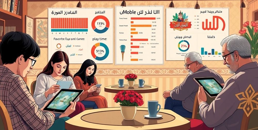 A visually rich infographic scene set in a Persian-style café where families, teenagers, and elderly players immersed in mobile games. Tablets and phones show game screens with Persian text. Decorative charts highlight user satisfaction, favorite genres, and data on play time—persian tiles and potted flowers add cultural color.