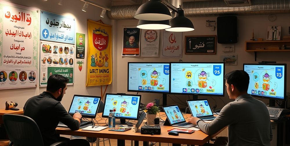 A creative studio scene with Iranian designers brainstorming mobile game infographics—posters and screens display Persian text, cheerful gamer characters, and game icons. The atmosphere is lively, with traditional motifs subtly blended into modern digital tools.