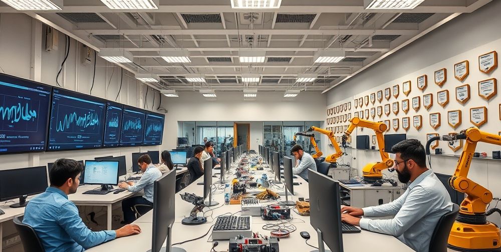 A modern, open Iranian tech lab with young men and women working at computers, digital screens showing graphs and Persian script, advanced robotics arms assembling parts, and a wall of achievement awards, all under bright, energy-saving lighting.