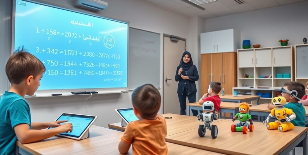 An innovative Iranian classroom scene filled with children using tablets, a smart interactive whiteboard with Persian math problems, teachers using augmented reality glasses, and colorful educational robots on tables.