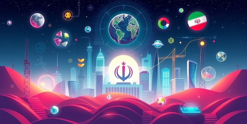 A futuristic illustration showing the growth potential of the game industry in Iran, with symbols of innovation, technology, and cultural integration.