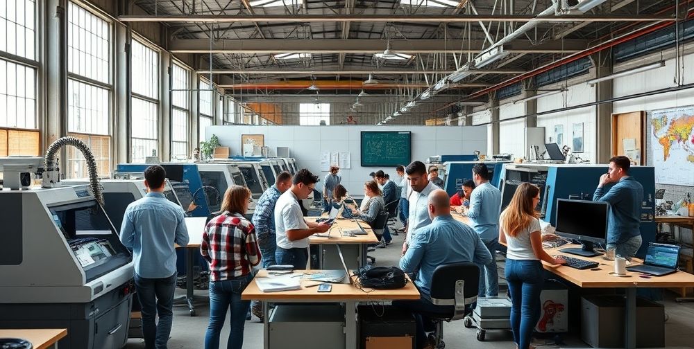 A modern industrial workspace where diverse engineers and workers share ideas freely around machines, with visible communication boards and relaxed atmosphere emphasizing openness and creativity.
