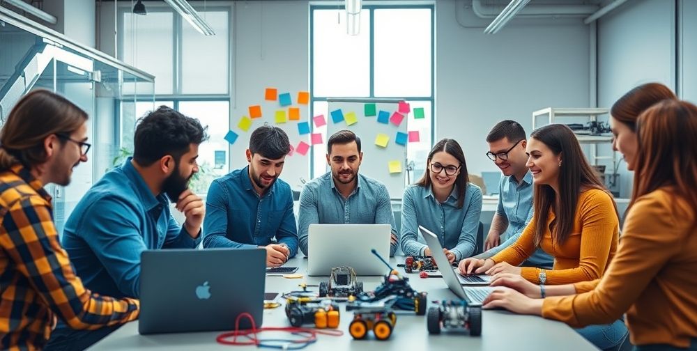 A vibrant manufacturing team gathered in a bright meeting room, actively brainstorming with colorful sticky notes, laptops, and prototype models, highlighting teamwork and innovation.