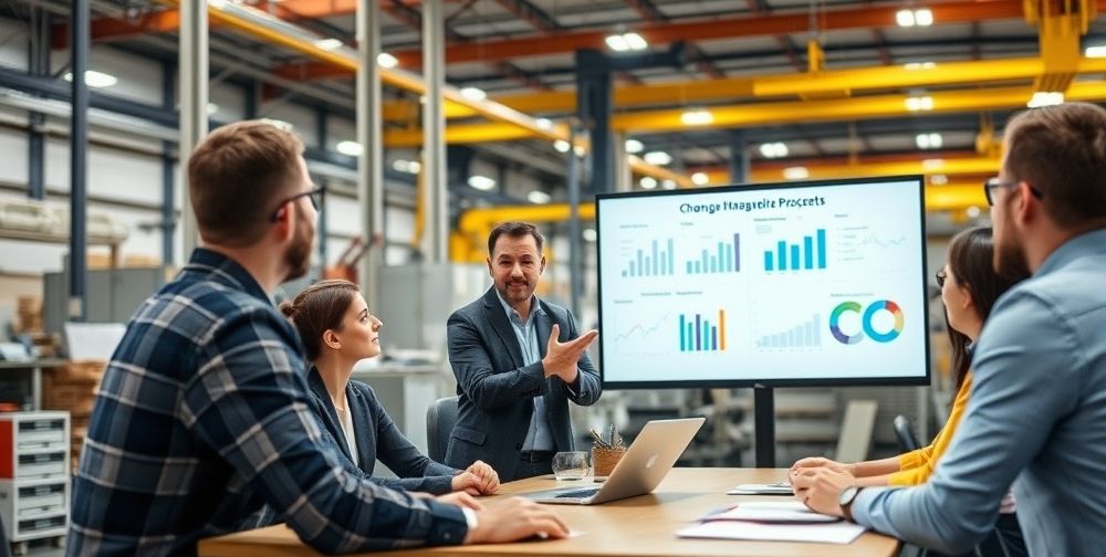 A confident industrial manager leading a diverse team meeting, using digital displays and charts to explain change management and creative leadership principles in a modern factory setting.