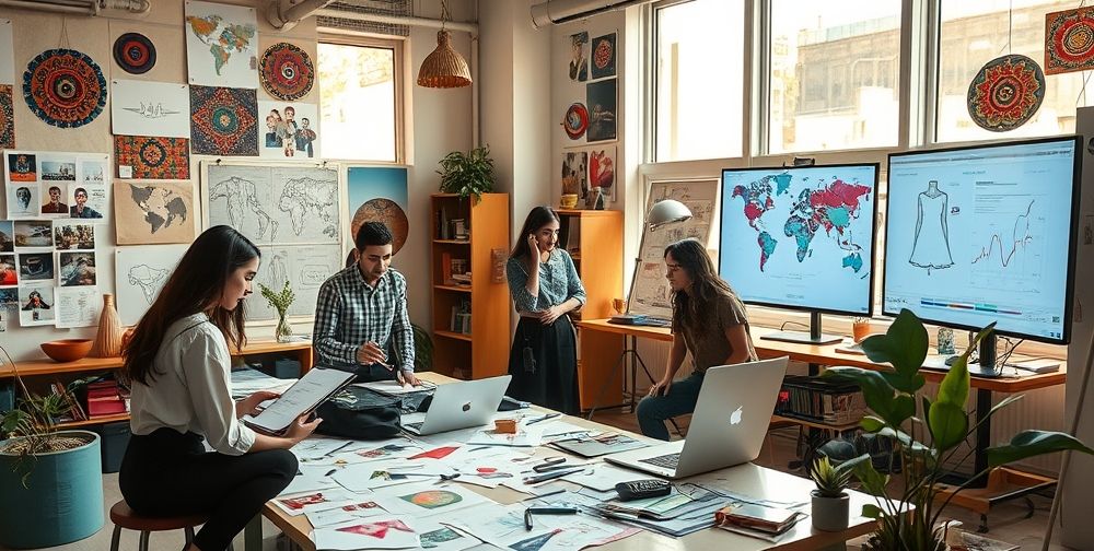 A scene depicting young Iranian designers collaborating in a creative studio, surrounded by fashion sketches, digital screens displaying infographic layouts, vivid Iranian patterns, and moodboards inspired by local and global trends, all under natural daylight.