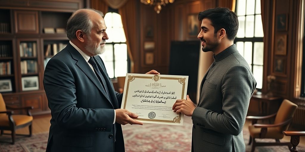 An Iranian manager handing a beautifully designed certificate with Persian calligraphy to an employee in a traditional office setting, showing warm eye contact and respectful body language, with subtle elements like Persian rug patterns in the background