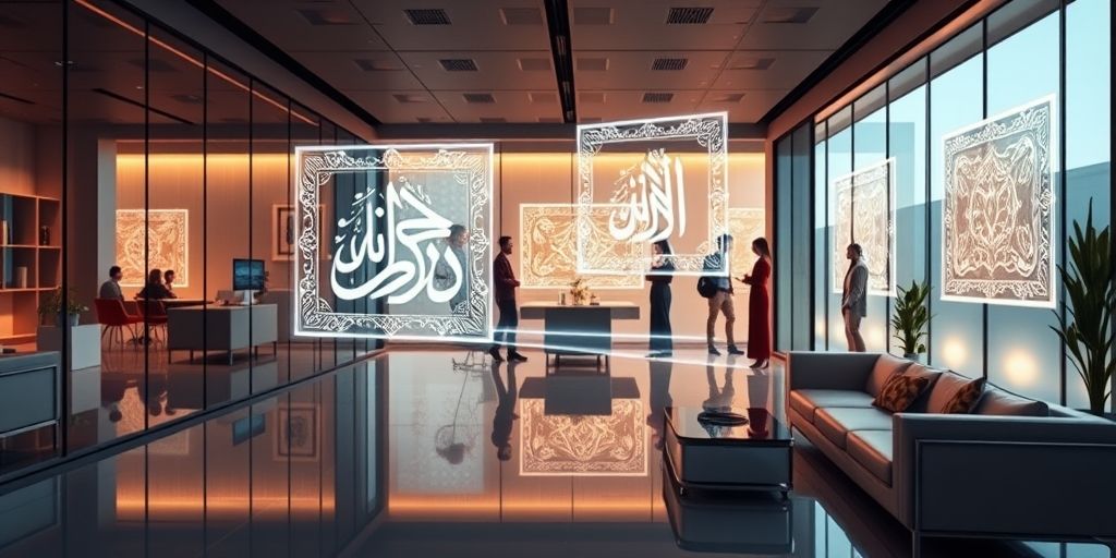 A futuristic Iranian office space with holographic certificates displaying Persian calligraphy floating in the air, while diverse employees collaborate in the background, blending traditional motifs with digital elements
