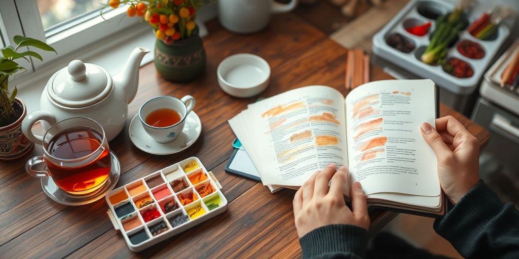 A cozy home workspace with Persian tea, an open journal, watercolor paints, and hands arranging colorful spices in a kitchen, representing accessible creative activities in daily life.