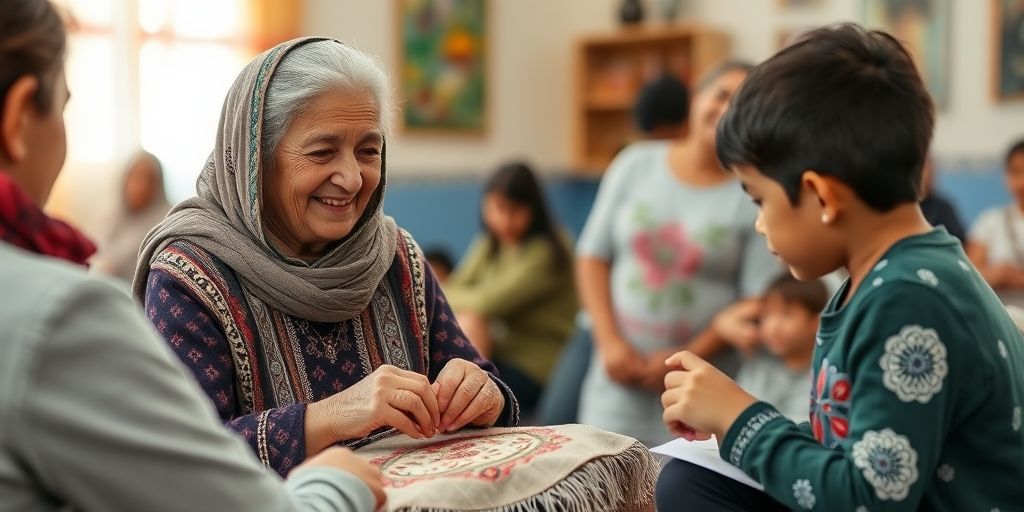 An elderly Persian woman smiling while teaching embroidery to younger people in a vibrant community center, showing intergenerational sharing of creative skills.