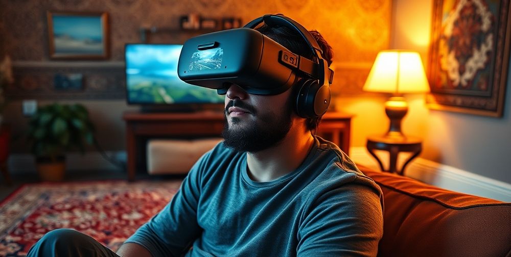 A futuristic Persian gamer wearing a VR headset at home, Iranian decor in the background, immersive digital landscapes reflected in visor, blending traditional Persian carpets with cutting-edge gaming hardware, evoking excitement and modernity.