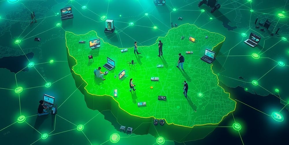 An animated map of Iran showing major cities interconnected by digital networks, game consoles, VR headsets, and cloud servers, with young gamers and developers scattered across regions, symbolizing technological growth and regional diversity.