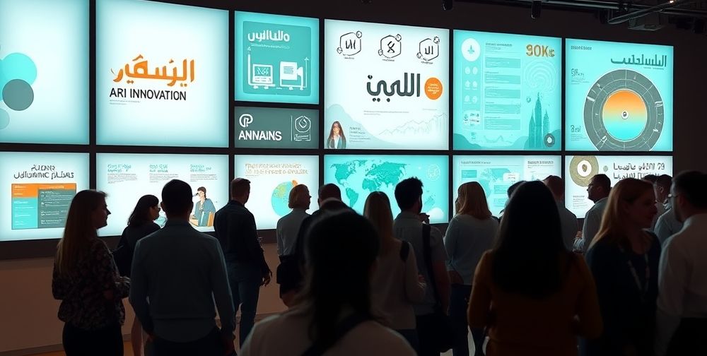 A gallery wall with illuminated screens showing animated digital art and interactive infographics by Iranian artists, featuring Farsi script, turquoise hues, and a spirited audience reflecting on innovation.