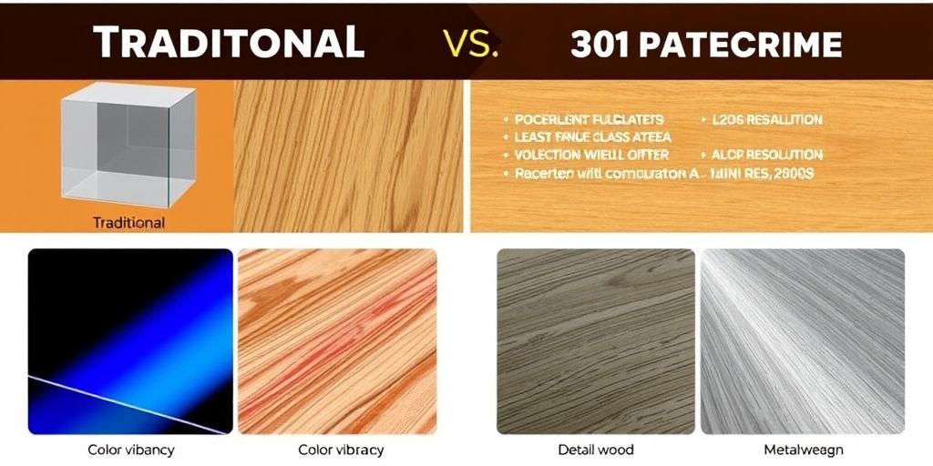 An infographic-style visual showing side-by-side comparisons: traditional vs. modern plaque printing, highlighting differences in material, color vibrancy, and detail resolution on glass, wood, and metal.