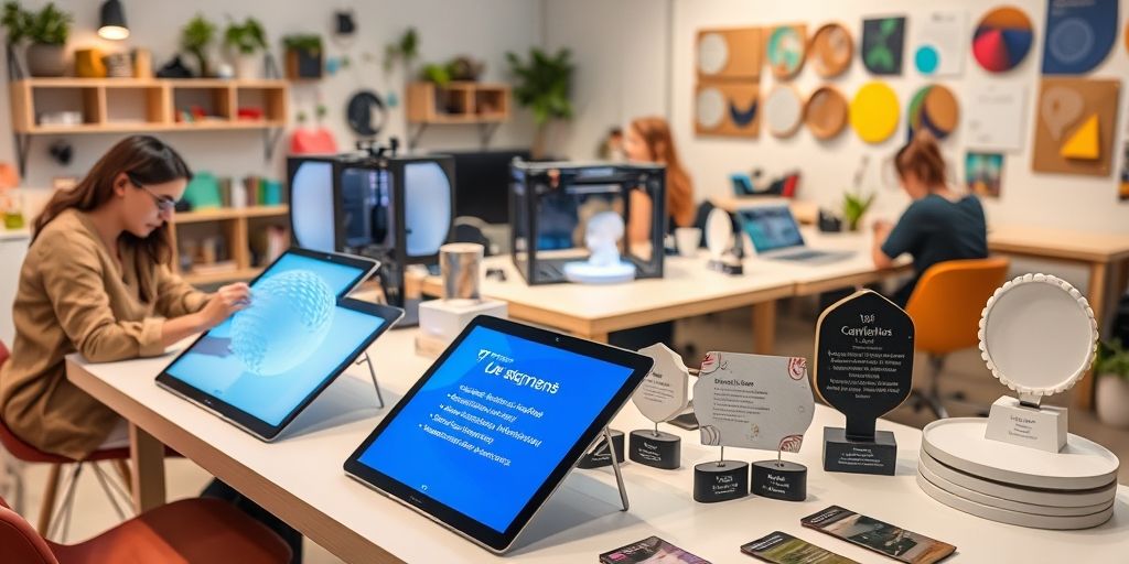 A vibrant scene of a creative design studio: designers are working on digital tablets, 3D printers forming modern plaques, and samples of eco-friendly award materials displayed, reflecting innovation and sustainability.