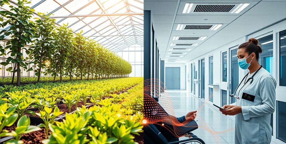 A split-screen scene showing an Iranian smart greenhouse with IoT sensors for soil and water, and a modern hospital ward featuring wearable patient monitors, all linked by a data flow overlay in vibrant colors.