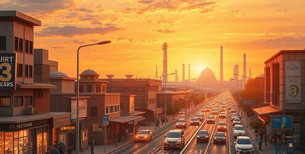 A dynamic illustration of Iranian cityscapes transitioning from traditional industries to smart, IoT-integrated urban infrastructure—showing connected street lights, traffic sensors, industrial facilities, and data centers under a sunset sky.