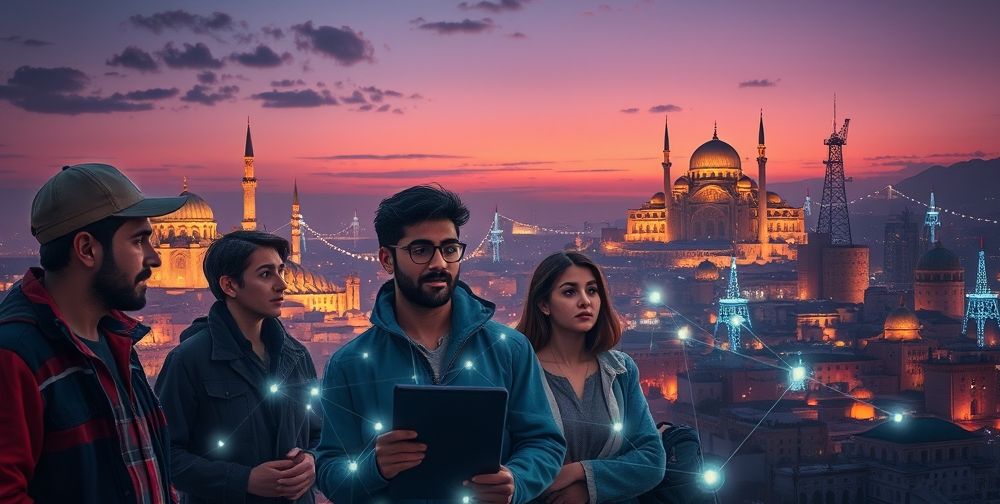 A vibrant, hopeful concept art of Iranian youth, industrial workers and entrepreneurs connected by a network of glowing digital lines symbolizing IoT, set against iconic Iranian landmarks and forward-looking urban environments at dusk.