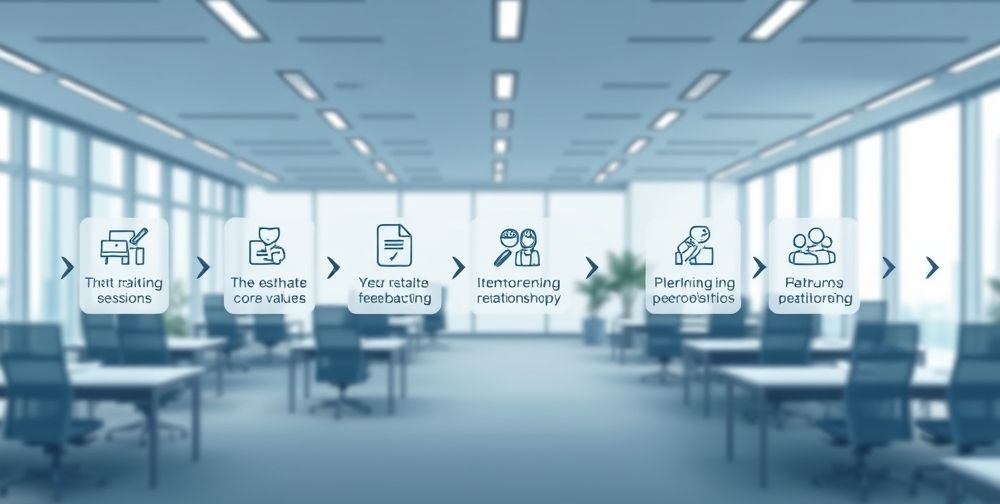 An illustrated flowchart in Persian showing the step-by-step process of instilling professional work behavior, with icons for training, value-setting, feedback loops, mentoring, and ethical standards, in a modern corporate environment.