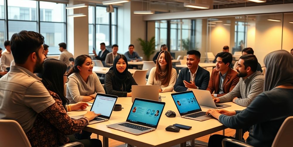 A warm team-building workshop in an Iranian office, showing employees of different ages and backgrounds engaging in role-playing exercises, sharing feedback, and using digital learning tools, in a collaborative setting.