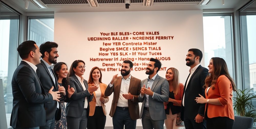 A symbolic scene of an Iranian team celebrating achievement in a modern conference room, with a wall displaying company values, and a diverse group sharing a moment of recognition and unity, exuding positivity and professionalism.