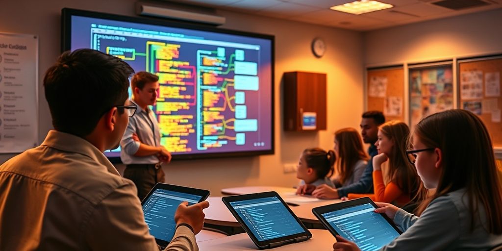 An instructor using interactive touchscreen to demonstrate coding process flow, with real-time annotations and branching paths visible, students interacting via tablets with visible connection lines between concepts.