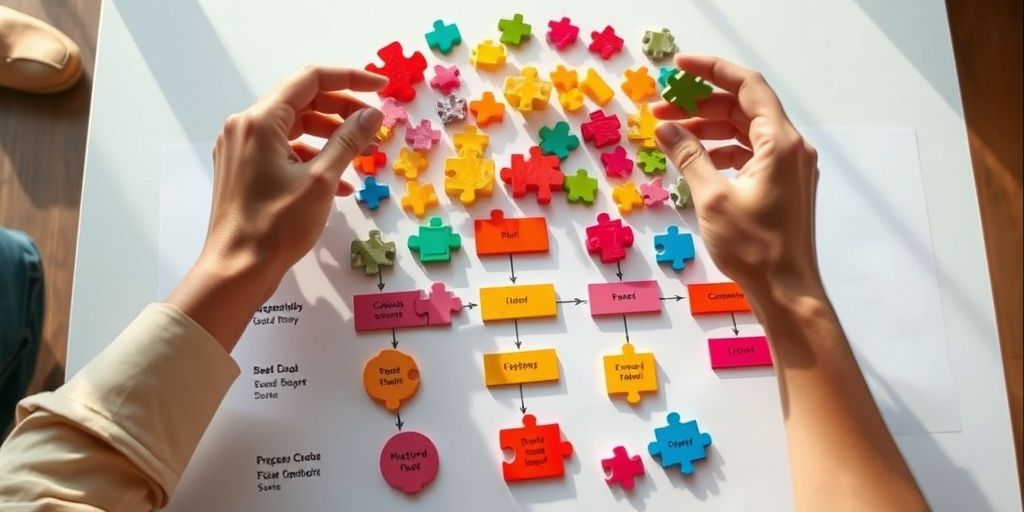 Hands arranging colorful puzzle pieces forming a flowchart on a table, with some pieces floating above to show process flexibility, natural sunlight illuminating the workspace.