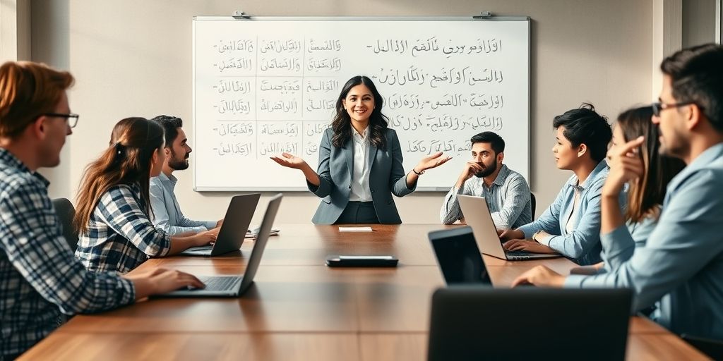A young Iranian woman presenting to a diverse team in a conference room, using hand gestures confidently. Whiteboard with Persian writing in background, laptops on table. Natural body language showing engagement and professionalism.