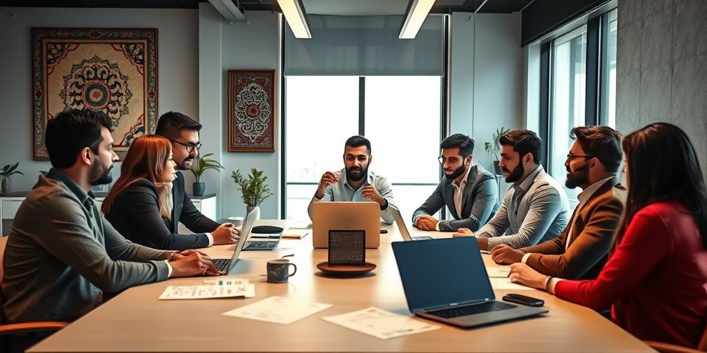 Diverse Iranian professionals collaborating around a table with laptops and documents, one mediating a discussion with calm hand gestures. Modern office with Persian calligraphy art on wall, showing teamwork and conflict resolution.
