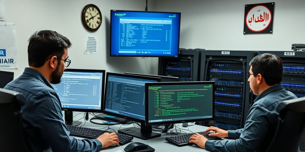 An Iranian IT team implementing data security measures, with screens displaying Farsi-language dashboards showing encryption processes and firewall activations, in a server room with Persian calendar on wall.