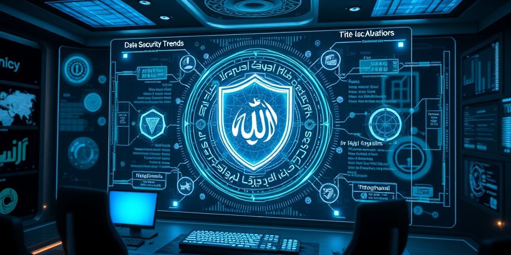 Futuristic holographic interface showing evolving data security trends with Persian text elements, including blockchain networks and AI security shields, in a high-tech Iranian control room.
