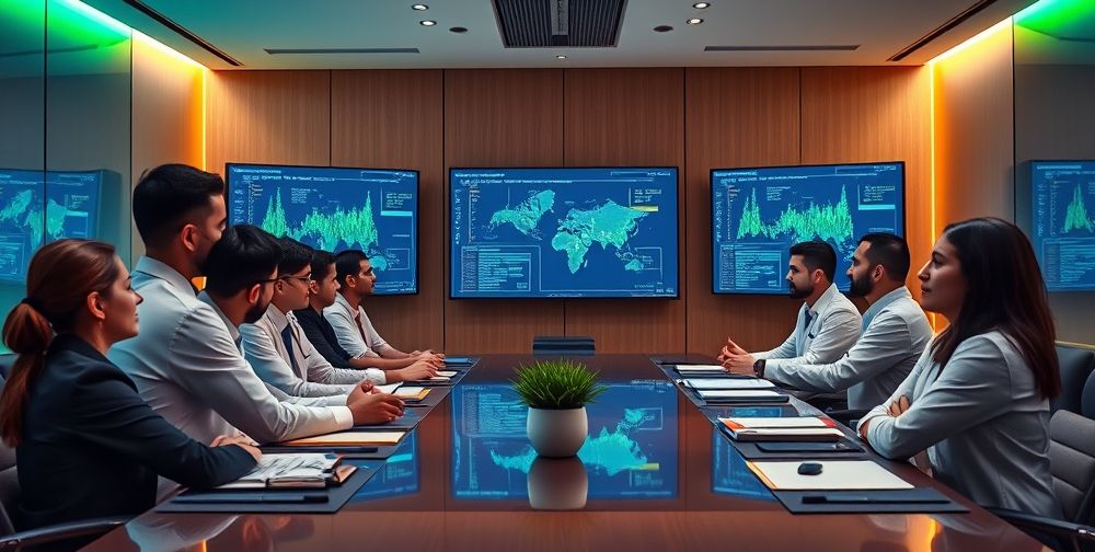 A dynamic boardroom setting showing Iranian data scientists presenting a robust AI medical decision system on digital screens, doctors interacting with realistic patient dashboards, and collaborative teamwork, all in a modern Persian tech atmosphere.