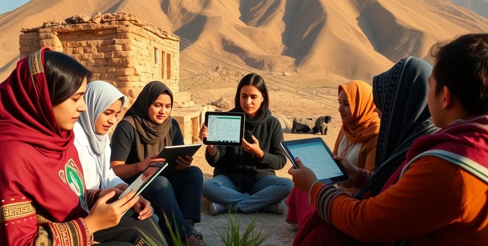 A panoramic scene showing a diverse group of Iranian students and doctors in remote villages, using advanced AI-powered tablets and telemedicine screens with Persian UI, reflecting social justice and technological inclusion across the country.