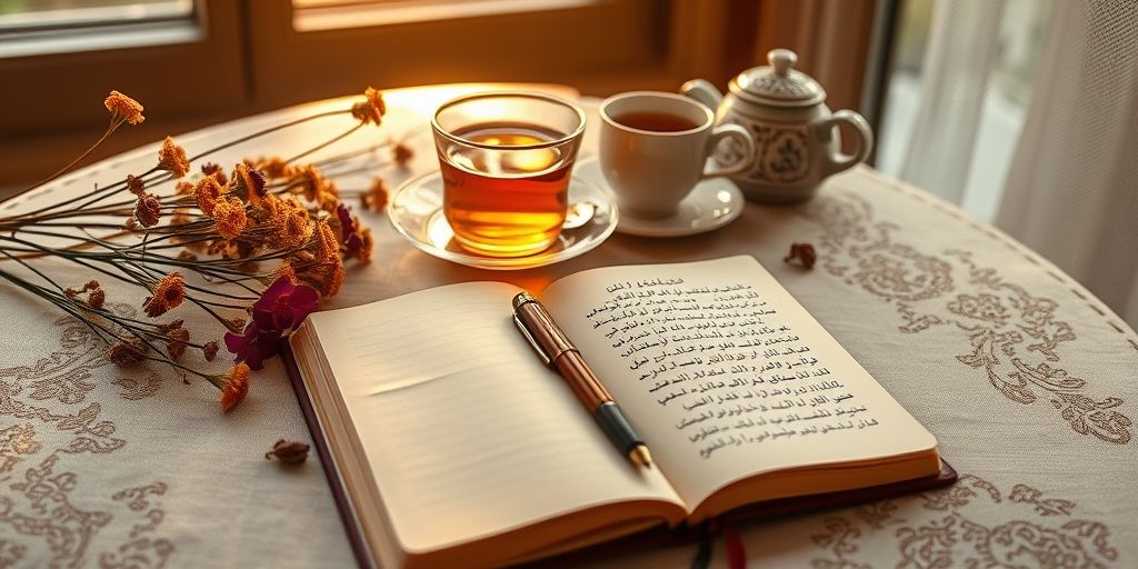 A Persian-style journal open on a table with a pen, showing handwritten notes in Farsi about simple joys, surrounded by dried flowers and a cup of tea, bathed in warm sunset light through a window.