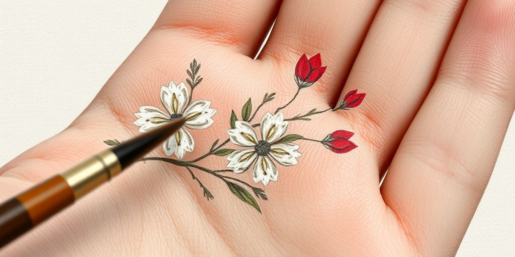 An abstract representation of Persian miniature art showing imperfect beauty: close-up of a hand painting delicate floral patterns with visible brushstrokes and asymmetry, symbolizing acceptance of flaws.