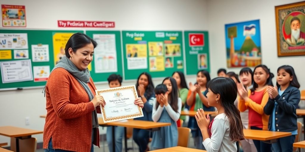 A vibrant classroom where a teacher hands a colorful certificate to a beaming student. Other diverse students clap cheerfully in background. Educational posters and Persian artwork decorate walls.