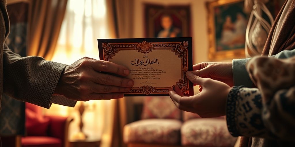 Close-up of hands exchanging an ornate Persian-style certificate between generations. Elderly hands passing certificate to young hands, symbolizing cultural continuity. Intricate patterns, warm golden accents.