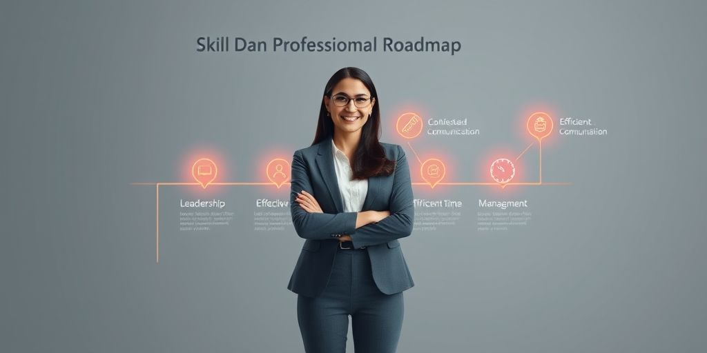 A Persian career woman standing confidently in front of a skill development roadmap, with icons representing leadership, communication, and time management skills glowing around her in a modern minimalist style.