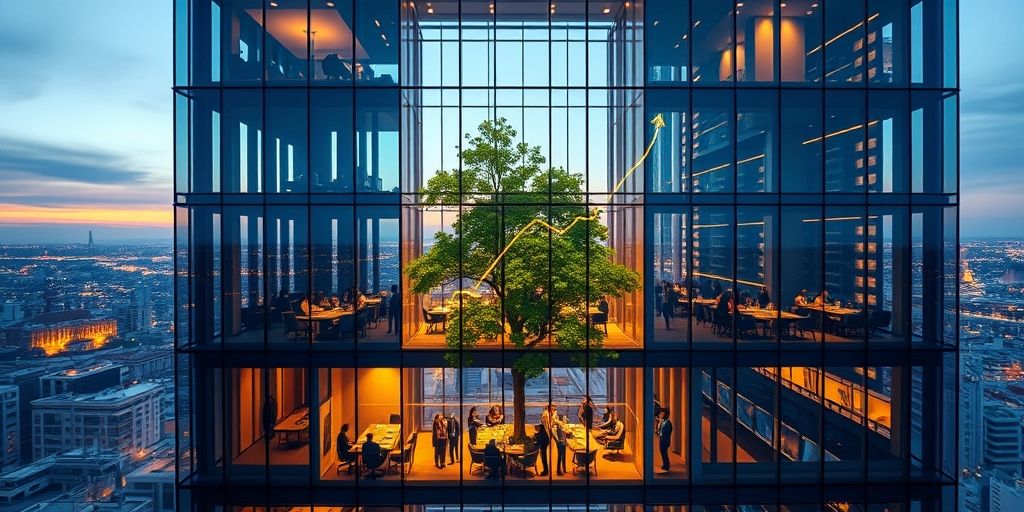 A modern Persian corporate building with transparent glass walls showing teams collaborating, a digital dashboard displaying rising KPIs, and a tree growing through the center symbolizing sustainable growth.