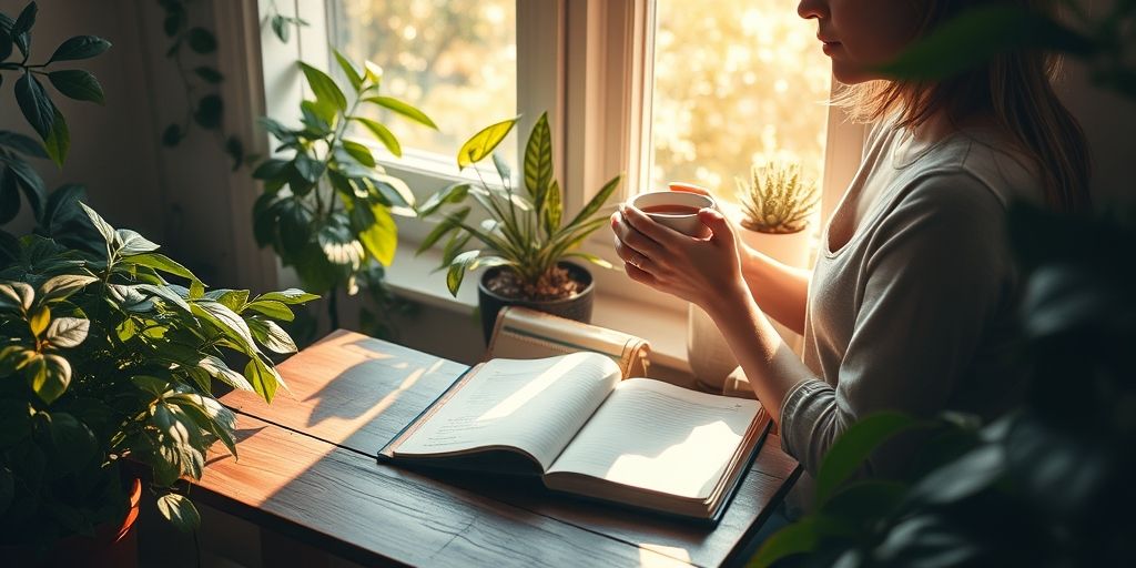 A person journaling by a window with a cup of tea, surrounded by plants and soft morning light. The journal shows handwritten notes about gratitude and self-reflection.